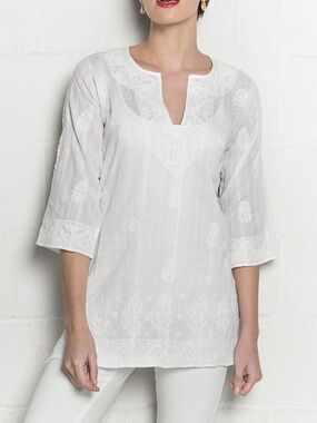 Amaya White Cotton Embroidered Tunic Size‎ 38 Bohemian